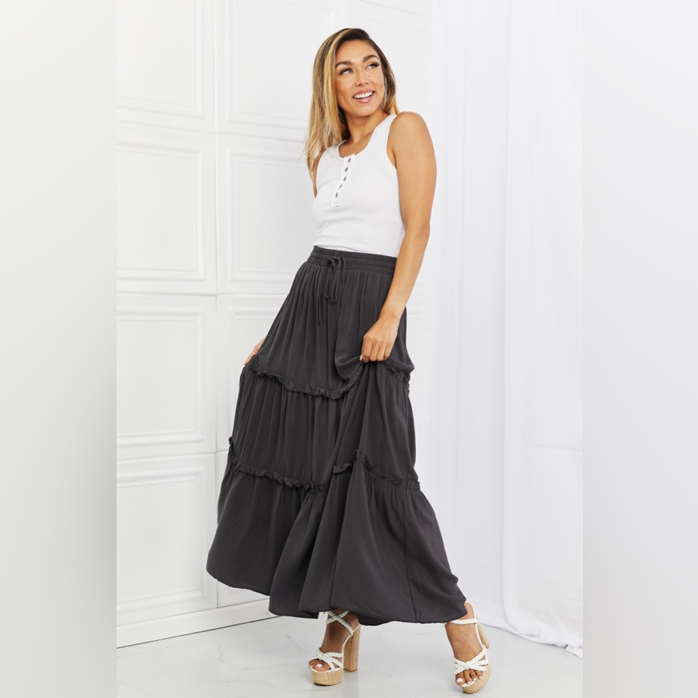 NEW ZENANA Summer Days Ruffled Boho Maxi Skirt in Ash Gray - Picture 5 of 6